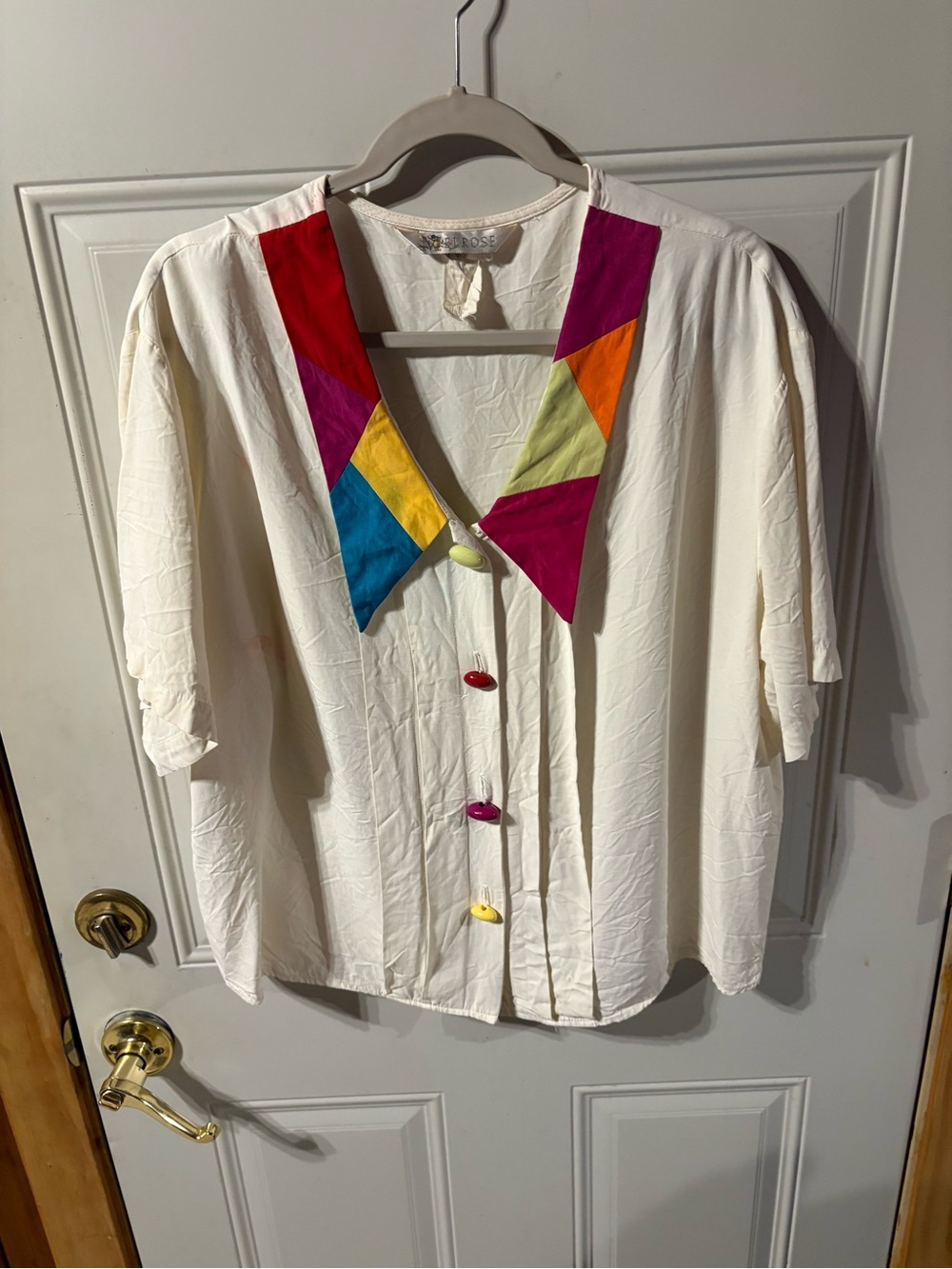 Vintage MelRose White Blouse Colorful Geometric Collar Retro 80’s 90’s Top